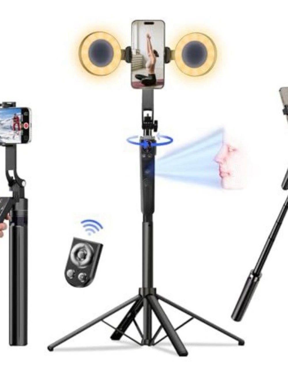 70 in Wireless Bluetooth 360 Face Tracking Tripod with Dual LED Rings - Black